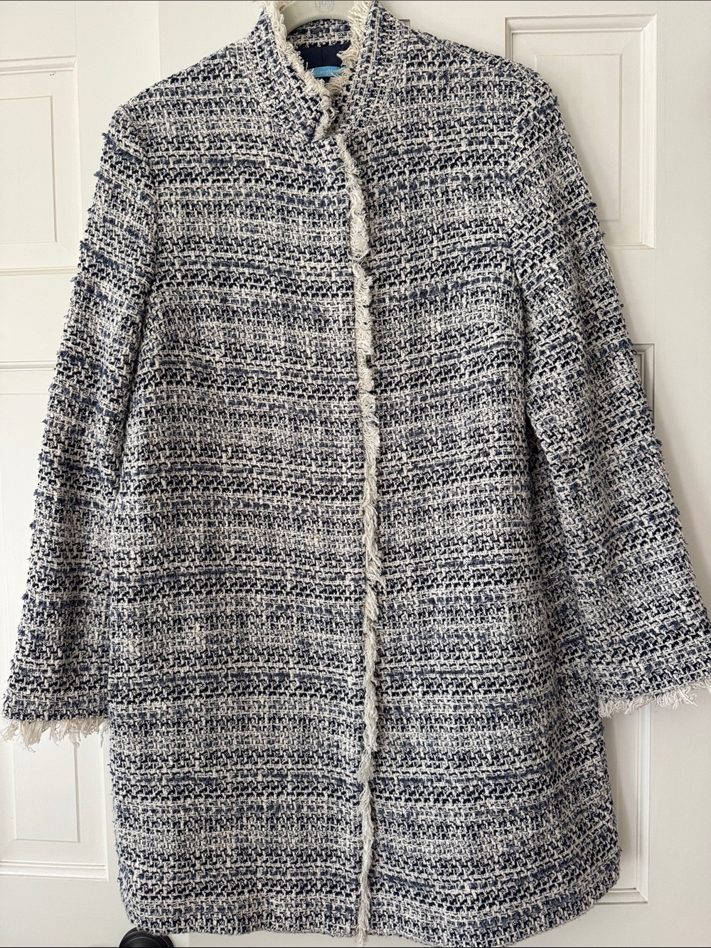 J. McLaughlin Cream and Muti-Blue Textured Fringe Women's Jacket